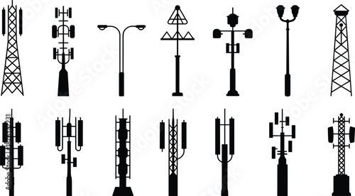 Communication tower and street light silhouettes set, wireless antenna infrastructure icons, urban technology poles, black vector illustration collection