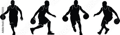 Basketball player silhouettes dribbling in dynamic action poses isolated on white background sports illustration set for training branding posters marketing advertising fitness design
