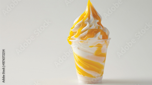 Delicious vanilla soft serve ice cream with rich mango sauce served in a clear plastic cup, isolated on a clean white background 