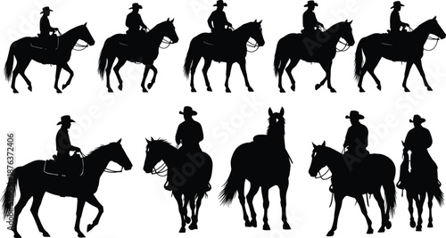 Western cowboy horse rider silhouette set, cad drawing flat vector illustration of equestrian poses, ranch riding figures, rodeo themed design collection artwork icons