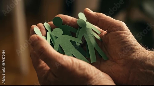 Elderly Hands with Green Paper Cutouts of People Symbolizing Community, Care, and Support in Connected World