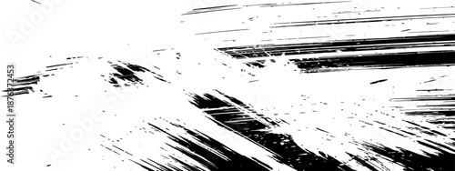 Black ink grunge texture vector background with distressed paint brush strokes and dynamic splatter effect