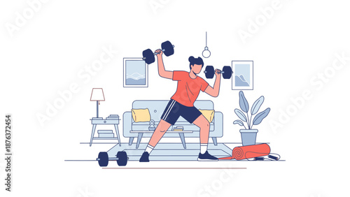Man exercising at home with dumbbells