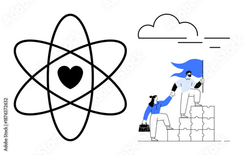 Team building, leadership, collaboration, personal growth, science, community empowerment. Heart surrounded by atom structure, team aiding on puzzle blocks. Team building and leadership concept