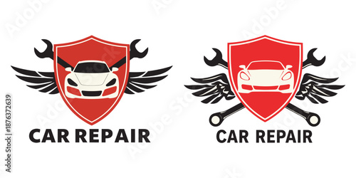 Automotive shield emblem collection featuring winged car repair service badges