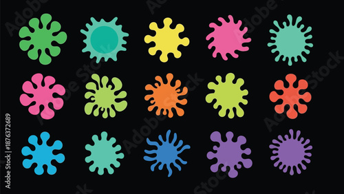 Colorful splatters in various shapes and hues against a dark background