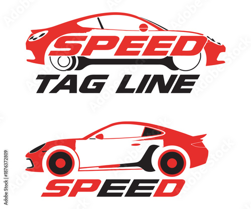 Speed car racing logos with red silhouettes and creative typography for auto brands
