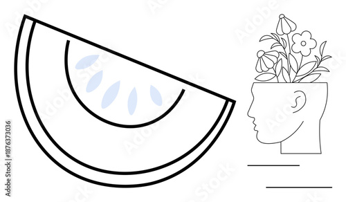 Half watermelon slice and human profile head blooming with flowers symbolize creativity, growth, positivity, wellness, mental health, inspiration, imagination. Simple flat metaphor