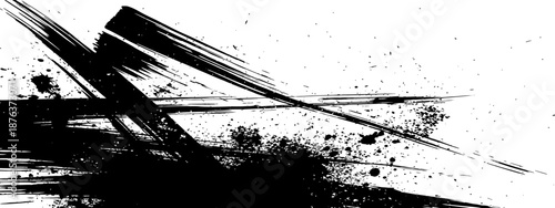 Dynamic black ink brush strokes and paint splatters grunge border graphic element
