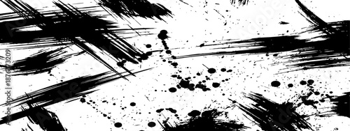 Dynamic Black Ink Brush Strokes and Splatter Grunge Texture Background