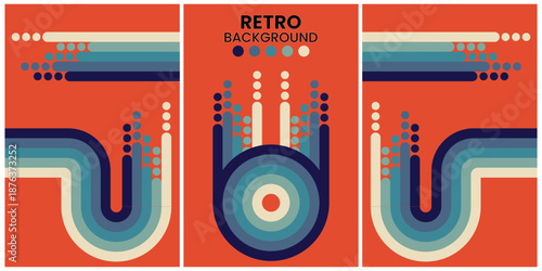 Retro Geometric Shapes in Warm Tones on Black Background Triptych