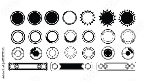 Collection of circular and rectangular mechanical parts gears and components