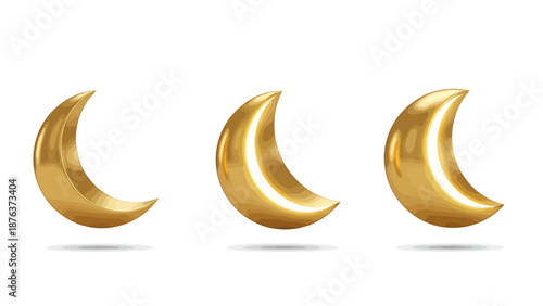 Golden crescent moon phases in a row with reflections