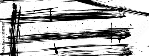 Bold black paint strokes and ink splatter background texture Grunge artistic brushwork vector design element