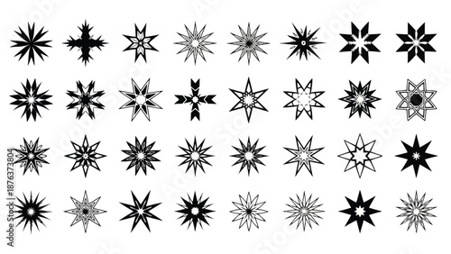 A collection of various black and white starburst and star shaped designs
