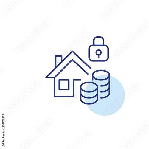 House, coins an lock. Mortgage down payment, costs on real estate. Pixel perfect, editable stroke vector icon