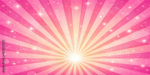 Vector abstract background featuring a bright radial star burst illustration with purple and pink light rays and orange energy lines in a glowing sun pattern design