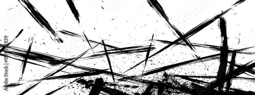 Aggressive black grunge texture background with sharp brush strokes and ink splatter scratches abstract vector overlay element