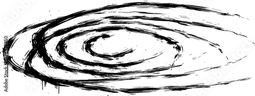 Distressed black ink brush stroke vortex graphic element