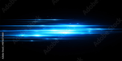 A dark blue abstract background features glowing stars and light rays in motion, creating a digital art wallpaper with flowing lines and energy waves across a black space backdrop