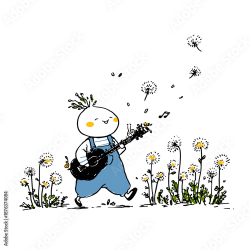 Cheerful child playing banjo in a dandelion field