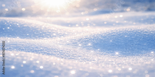 A beautiful winter landscape features snow covered fir trees under a bright blue sky with white clouds and sunlight illuminating the peaceful outdoor nature view