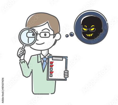 訪問詐欺業者　ルーペを覗く作業員男性