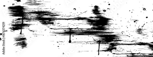 Black ink grunge texture overlay with messy horizontal brush strokes and paint drips on white background
