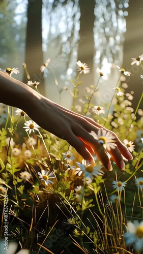 Wallpaper Mural A hand gently touches white daisies in a sunlit field, with blurred trees in the background Torontodigital.ca