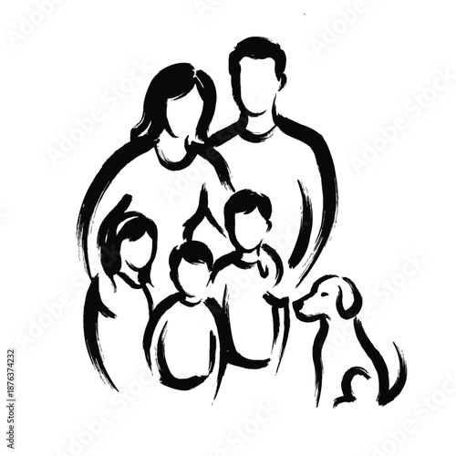 Dynamic ink-brush illustration capturing the essence of a loving family with their pet dog, symbolizing unity and togetherness in a minimalist art style