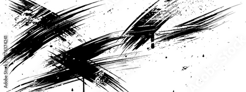 Abstract black ink brush strokes texture vector background with grunge splatters and distressed cross lines