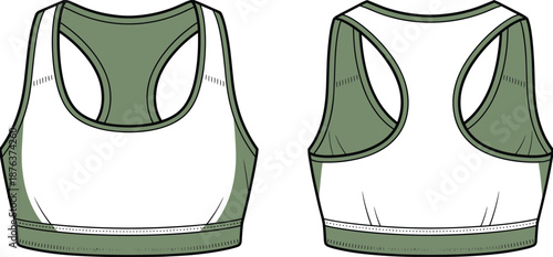 Sports bra cad drawing, flat vector illustration with front and back view, racerback activewear technical design, women fitness apparel garment outline
