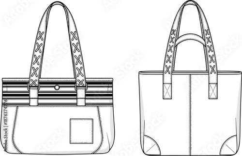 Tote handbag cad drawing, flat vector illustration with front and back view, fashion accessory technical design, reusable shopping bag product outline sketch