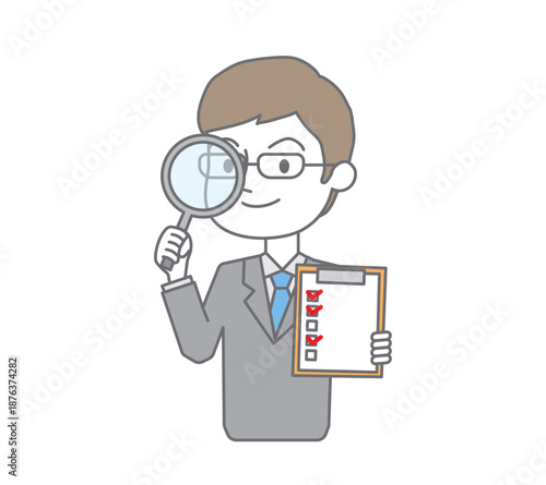 チェックリストとルーペを持ったビジネスマン