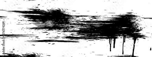 Distressed Black Paint Brush Stroke Horizontal Texture Abstract Grunge Background with Ink Drips and Splatters