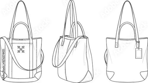 Tote handbag cad drawing, flat vector illustration with front side and back views, fashion accessory technical design, modern shopping bag outline sketch