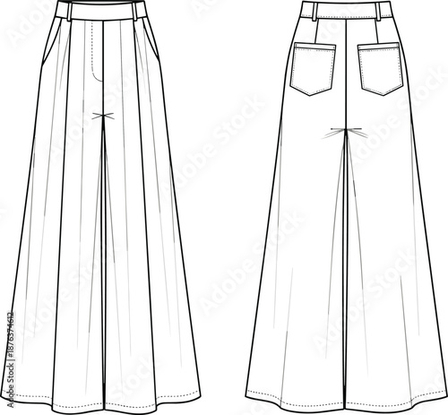 Wide leg pants cad drawing, flat vector illustration with front and back view, high waist fashion trousers technical design, modern apparel garment outline