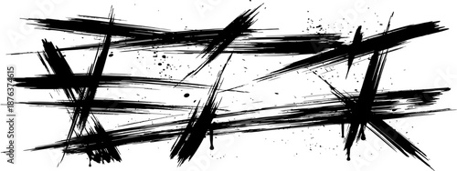 Abstract Black Grunge Paint Strokes Frame with Ink Splatter and Distressed Lines Vector Background Element