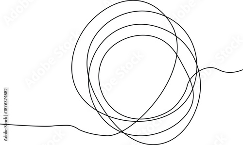 One continuous line illustration of a circle isolated on white background. Line art of round frame, Continuous one line round frame, , Hand drawn circle frame on white background. 