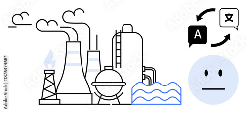 Environmental conservation, industrial processes, factory automation, language translation, global communication, pollution awareness. Factory and emissions near water pollution. Environmental
