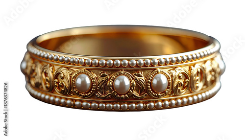 A detailed golden ring embellished with pearls and ornate scrollwork