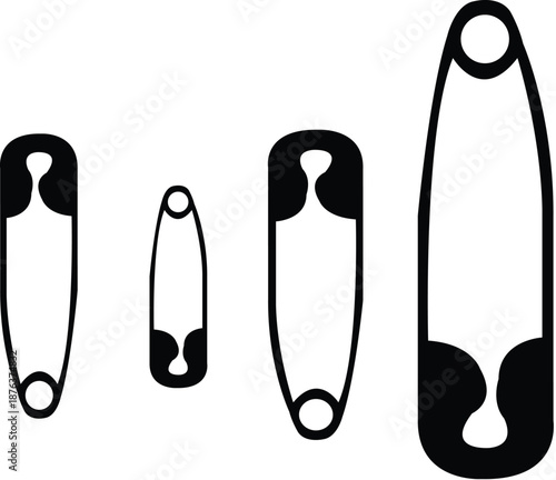 Four safety pin silhouette vector illustration on white background in different sizes stock vector