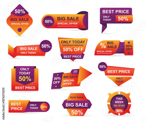 Vibrant collection of geometric promotional stickers and badges featuring 50 percent off best price big sale offers only today