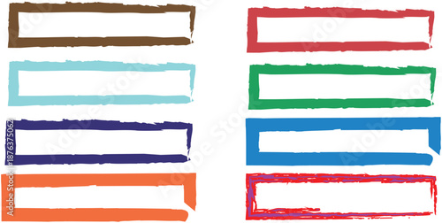  Set of eight colorful grunge-style rectangular frames with ragged edges, vector illustration. Hand-drawn marker-style frames in brown,  blue, dark blue, orange, red, green with white center for text