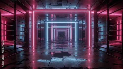 Wallpaper Mural A long industrial hallway with neon lights, in various hues, creating a futuristic, sleek environment Torontodigital.ca