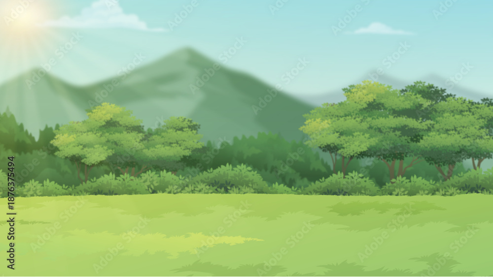 Fototapeta premium Green Nature Landscape with Mountains and Trees Illustration