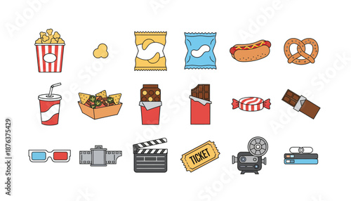 Assorted Cartoon Cinema Snacks and Equipment.