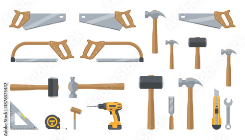 Assorted carpentry tools and equipment laid out.