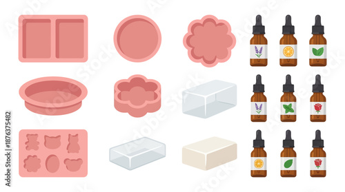 Assorted Soap Molds and Essential Oil Bottles.