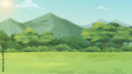 Green Nature Landscape with Mountains and Trees Illustration